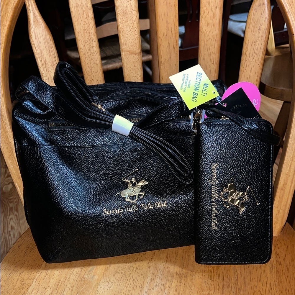 Beverly Hills Polo Club Black Shoulder Bag and Wallet Set Soft Vegan Leather
